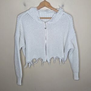 Womens Distressed Ivory Zip Front Cropped Hooded Knit Cardigan Sweater